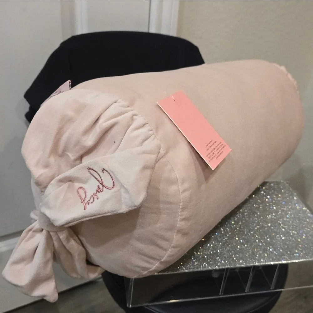 Juicy‎ Couture Home Signature Logo Bow Velour Bolster Decorative Pillow- Pink